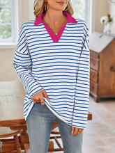 Blue and White Striped Long Sleeve Shirt with Pink Collar