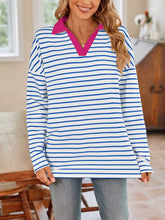 Blue and White Striped Long Sleeve Shirt with Pink Collar