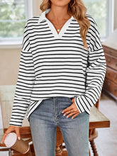 Blue and White Striped Long Sleeve Shirt with Pink Collar