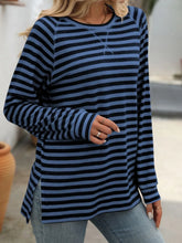 Blue and White Striped Long Sleeve Stretch Shirt for Women Dark Blue