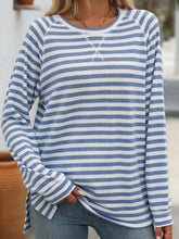 Blue and White Striped Long Sleeve Stretch Shirt for Women Dusty Blue