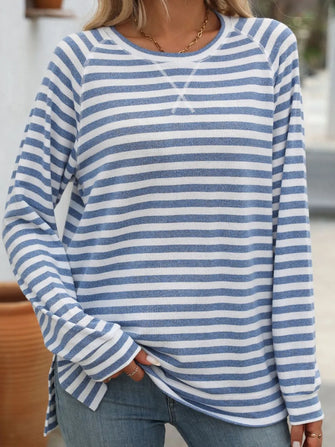 Blue and White Striped Long Sleeve Stretch Shirt for Women Dusty Blue