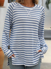 Blue and White Striped Long Sleeve Stretch Shirt for Women