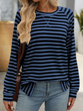 Blue and White Striped Long Sleeve Stretch Shirt for Women