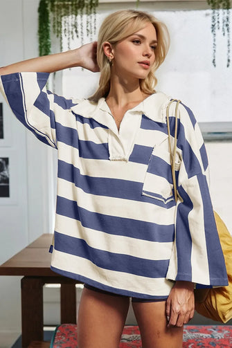 Blue and White Striped Oversized Cotton Shirt for Women Dusty Blue