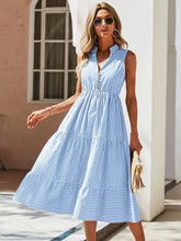 Blue and White Striped Tiered Midi Dress