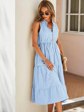 Blue and White Striped Tiered Midi Dress
