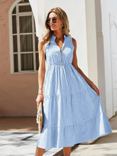 Blue and White Striped Tiered Midi Dress