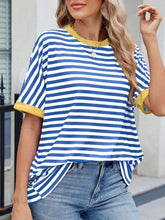 Blue and White Striped T Shirt with Yellow Trim for Women Blue White