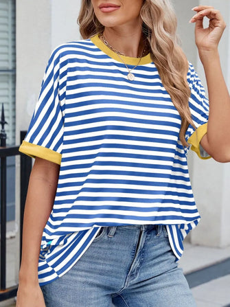 Blue and White Striped T Shirt with Yellow Trim for Women Blue White