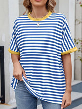 Blue and White Striped T Shirt with Yellow Trim for Women