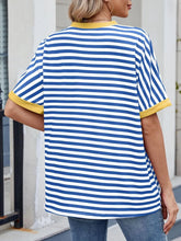 Blue and White Striped T Shirt with Yellow Trim for Women