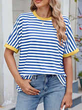 Blue and White Striped T Shirt with Yellow Trim for Women