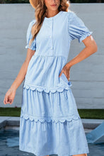 Blue and White Striped Tiered Midi Dress