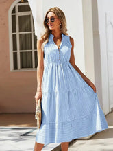 Blue and White Striped Tiered Midi Dress Casual Dresses