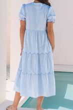 Blue and White Striped Tiered Midi Dress