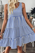 Blue and white striped tiered sleeveless summer dress, machine wash cold