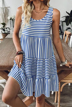 Blue and white striped tiered sleeveless summer dress, machine wash cold