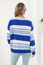 Blue and White Striped V-Neck Sweater with Regular Sleeve Length