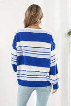 Blue and White Striped V-Neck Sweater with Regular Sleeve Length Sweater Pullovers