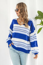 Blue and White Striped V-Neck Sweater with Regular Sleeve Length