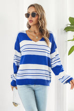 Blue and White Striped V-Neck Sweater with Regular Sleeve Length Blue