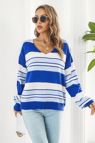 Blue and White Striped V-Neck Sweater with Regular Sleeve Length Blue