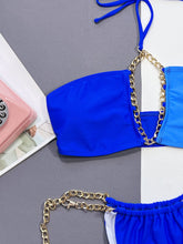 Blue Bikini Set with Gold Chain Accents