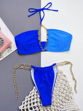 Blue Bikini Set with Gold Chain Accents