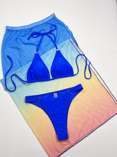 Blue Bikini Swim Set with Sheer Cover Up and Gradient Skirt