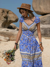 Blue Bohemian Floral Print Maxi Dress with Frill and Ruched Details Casual Dresses