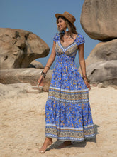 Blue Bohemian Floral Print Maxi Dress with Frill and Ruched Details