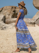 Blue Bohemian Floral Print Maxi Dress with Frill and Ruched Details Casual Dresses