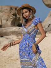 Blue Bohemian Floral Print Maxi Dress with Frill and Ruched Details
