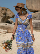 Blue Bohemian Floral Print Maxi Dress with Frill and Ruched Details Casual Dresses