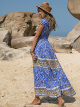 Blue Bohemian Floral Print Maxi Dress with Frill and Ruched Details Casual Dresses