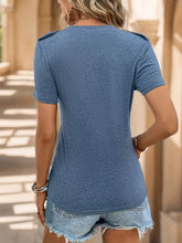 Blue Button-Down Short Sleeve V-Neck T-Shirt with Pocket for Women