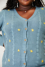 Blue Floral Embroidery Cable Knit Cardigan for Women