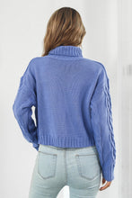 Blue Cable Knit Turtleneck Sweater with Long Sleeve Length