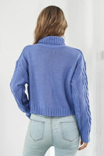 Blue Cable Knit Turtleneck Sweater with Long Sleeve Length Sweater Pullovers