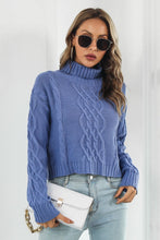 Blue Cable Knit Turtleneck Sweater with Long Sleeve Length