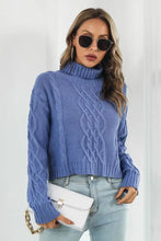 Blue Cable Knit Turtleneck Sweater with Long Sleeve Length Sweater Pullovers