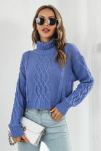 Blue Cable Knit Turtleneck Sweater with Long Sleeve Length Blue