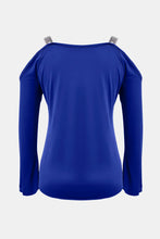Blue Cold Shoulder Top with Silver Jeweled Trim