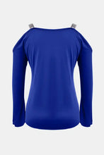 Blue Cold Shoulder Top with Silver Jeweled Trim Woman T Shirts