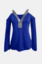 Blue Cold Shoulder Top with Silver Jeweled Trim Woman T Shirts