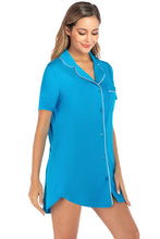 Blue Cotton Nightgown with White Trim Short Sleeve Button-Down Dress