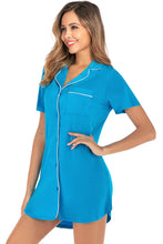 Blue Cotton Nightgown with White Trim Short Sleeve Button-Down Dress