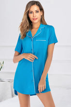 Blue Cotton Nightgown with White Trim Short Sleeve Button-Down Dress Sky Blue