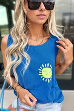 Blue sleeveless cotton sun top with neon yellow design, machine wash cold